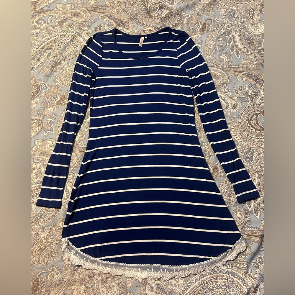 Red Camel Blue and White Striped Long Sleeve Dress with Lace Trim size XS